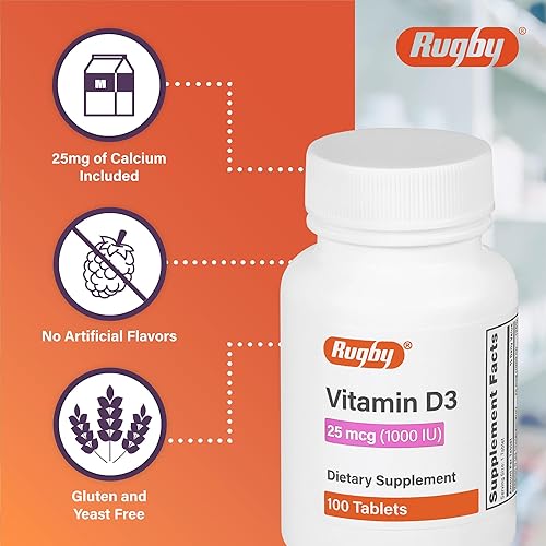 Miniatura 3 de Rugby Vitamina D3, 25 mcg (1,000 UI) - Suplemento dietético - 100 tabletas (1 paquete)