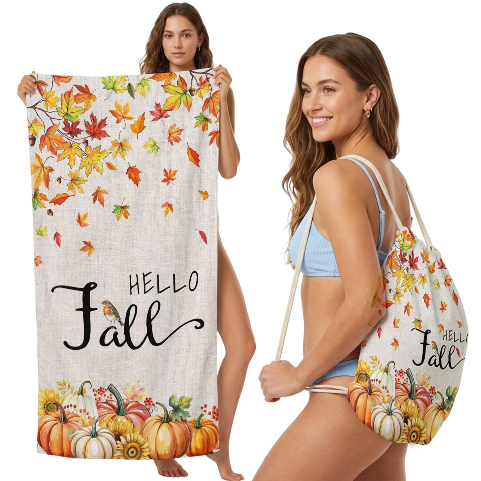 2-in-1 Beach Towel Backpack,Thanksgiving Pumpkin Leaf Bath Towel with Built-in Storage Fall Farmhouse Botanical on Linen Convertible Foldable Beach Blanket for Travel Pool Gym Camping Swim,31x63in
