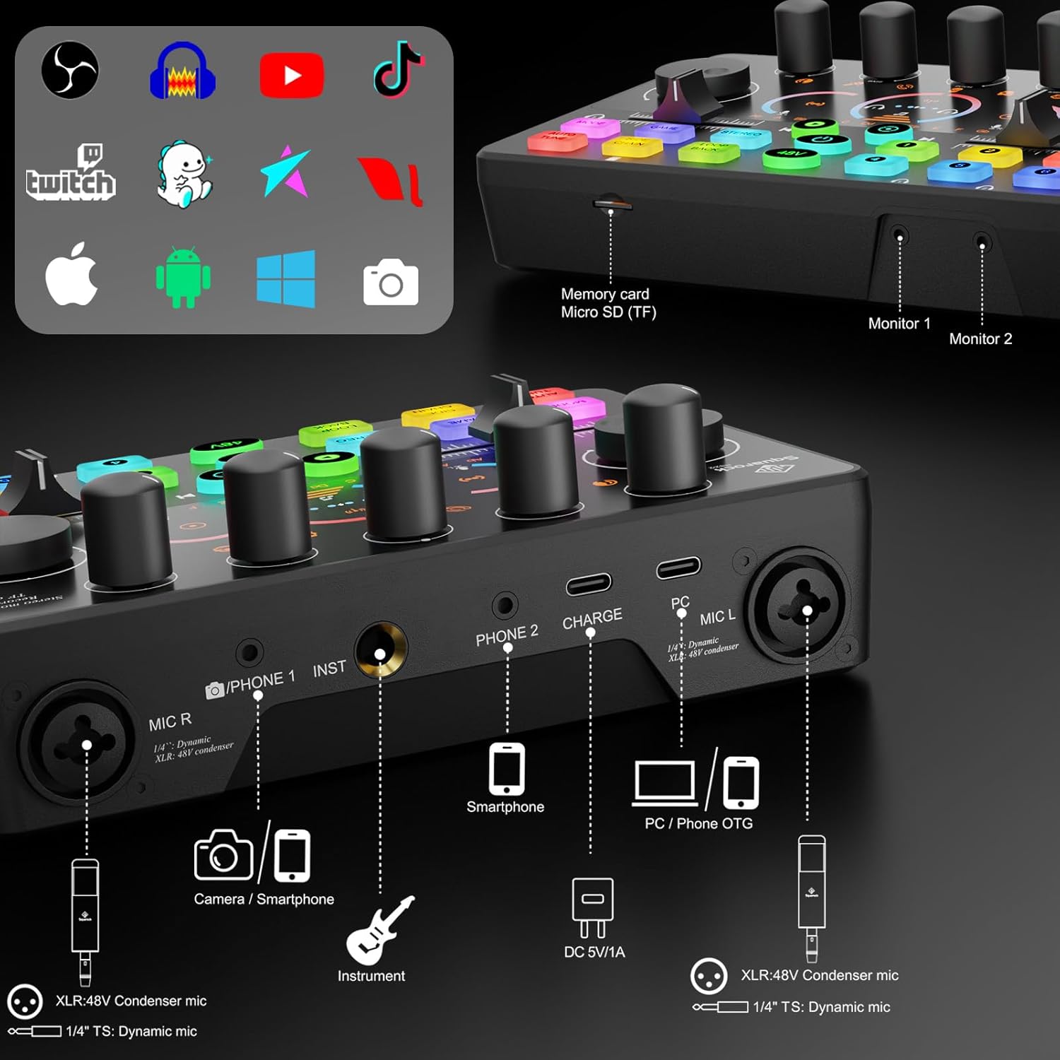Podcast Equipment Bundle for 2, with XLR Dynamic Microphone, TF card, 5RGB,Surround Sound,Suitable for Live Streaming/TikTok/YouTube, Compatible with iOS,Android,PC,Camera RS2 - Image 7