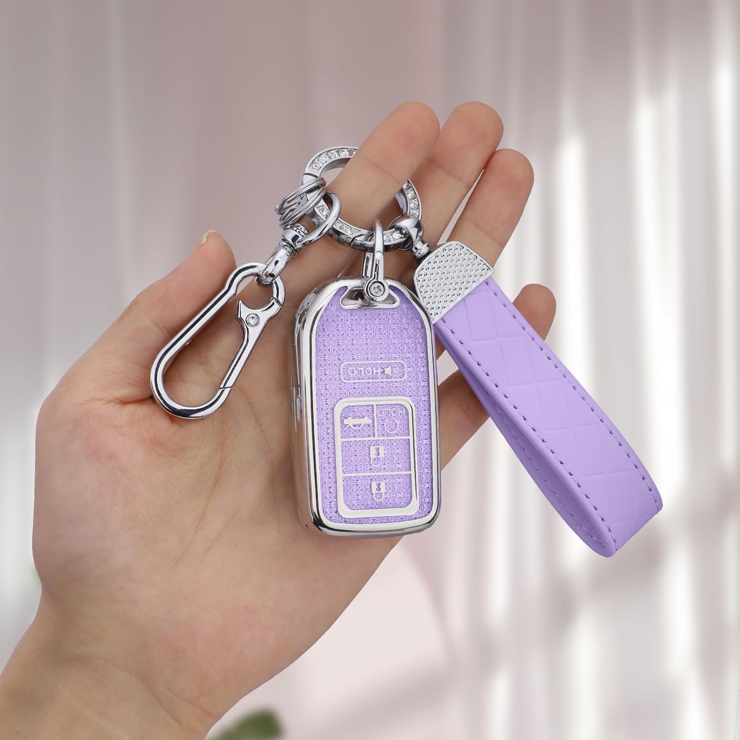 for Honda Key Fob Cover, Soft TPU Keys Protector Bling Key Fob Keychain for 2016-2022 Accord Civic CRV Pilot Odyssey Smart Key Case, Silver Purple