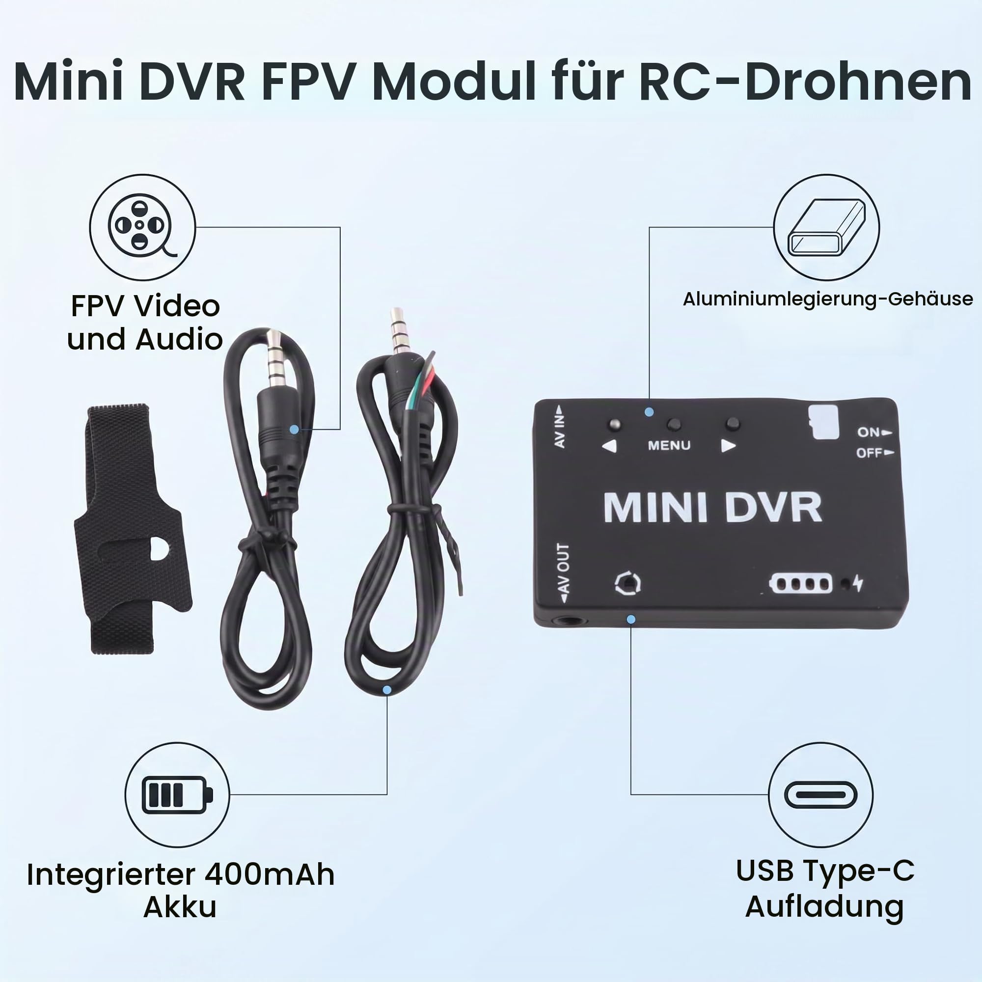 Mini FPV DVR Modul， Aluminiumgehäuse， Integrierter Akku， Video Audio Recorder， Unterstützt NTSC/PAL， Für RC Drohnen/Modellautos