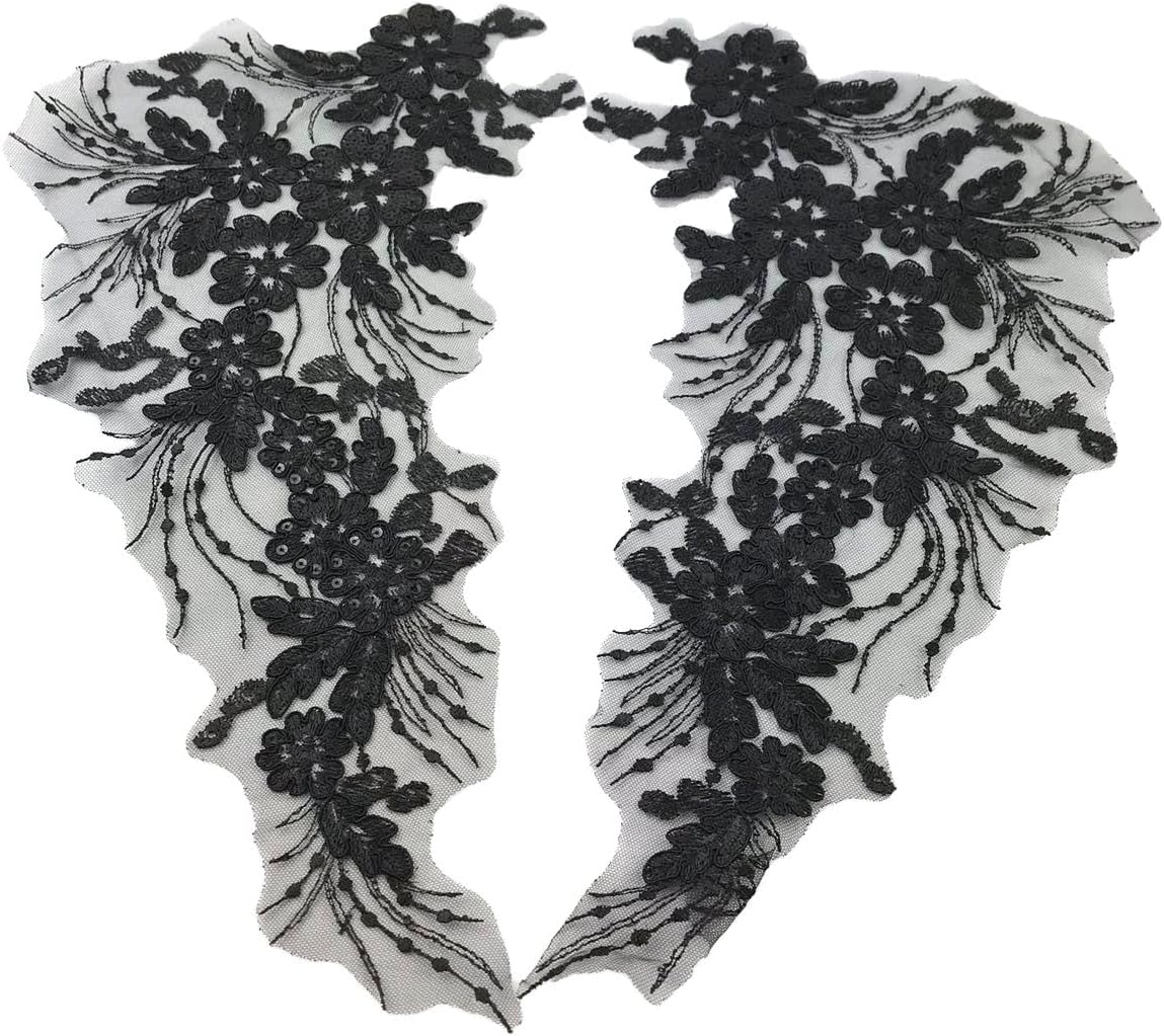 MMvolesy Black Lace Sequin Flower Patch for Costume Dress Decor - Sparkling DIY Sewing Applique, Handmade Craft Supplies for Clothing Accessories (16.5x8 Inch, 1 Pair)