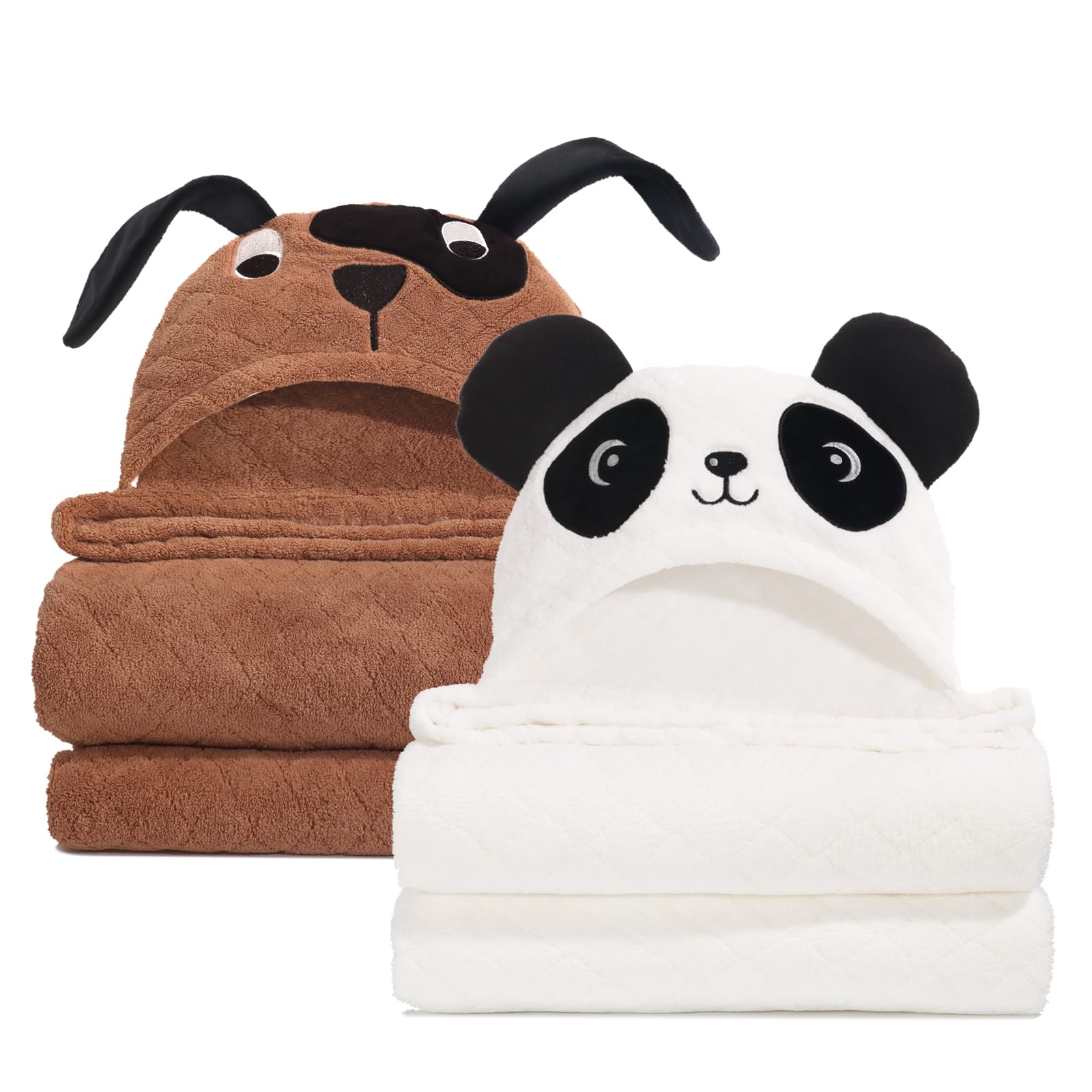 Toddler Hooded Bath Towel Age 1-5,2-Pack Thick Absorbent Bath Towel Boys & Girls, 50"x32"Large Size Ultra Soft with Hood Panda Puppy,Baby Bath Essential for Infant and Children, Brown & White