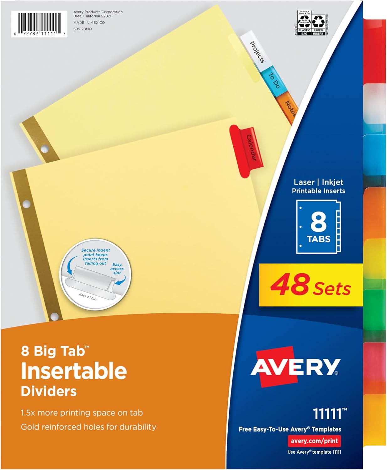 Avery Insertable Dividers for 3 Ring Binders, 8 Tabs per Set, Multicolor Big Tabs, Buff Paper with Gold-Reinforced Holes, Great for Organizing Reports, Projects, and More (48 Sets of 11111)