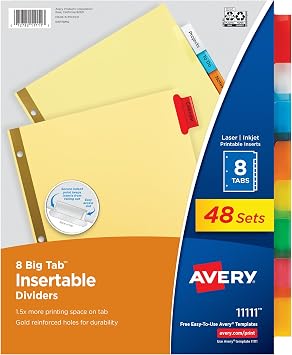Avery Insertable Dividers for 3 Ring Binders, 8 Tabs per Set, Multicolor Big Tabs, Buff Paper with Gold-Reinforced Holes, Great for Organizing Reports, Projects, and More 48 Sets of 11111