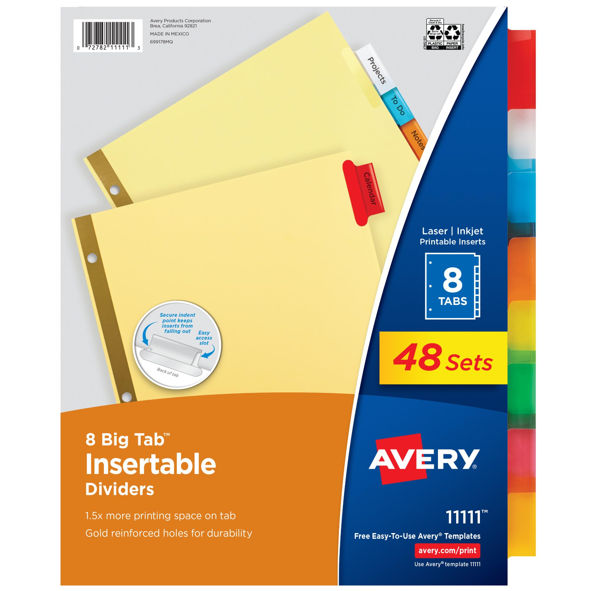 Avery Insertable Dividers for 3 Ring Binders, 8 Tabs per Set, Multicolor Big Tabs, Buff Paper with Gold-Reinforced Holes, Great for Organizing Reports, Projects, and More (48 Sets of 11111)