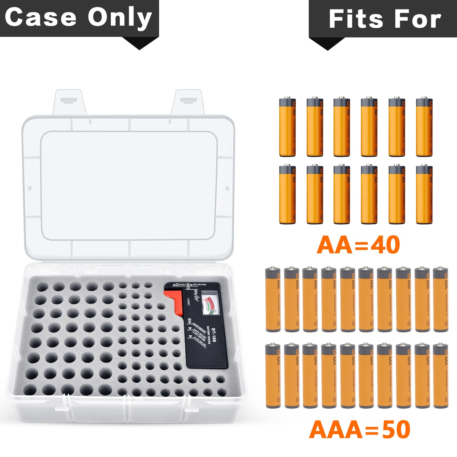Casmilee Batterie Aufbewahrungsbox, Batteriebox Hält 40 AA & 50 AAA Batterien Mit Batterietester, Batterie Box Organizer Aufbewahrung aus Kunststoff, Batteriekasten, Akku Tasche (Nur Box)
