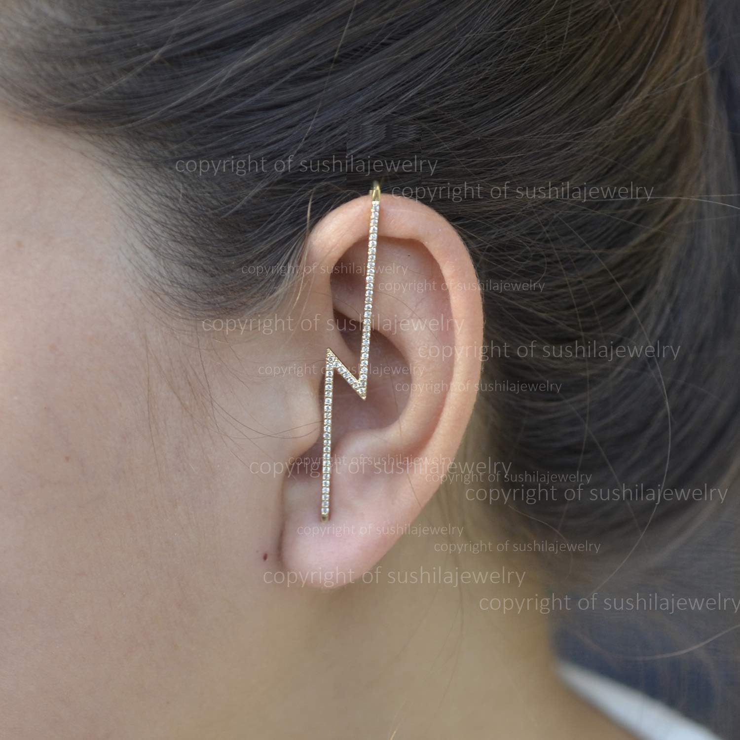 Pin hook cuff 14K solid gold genuine diamonds Thread Ear Pin Earring Morden jewelry Earrings one piece only