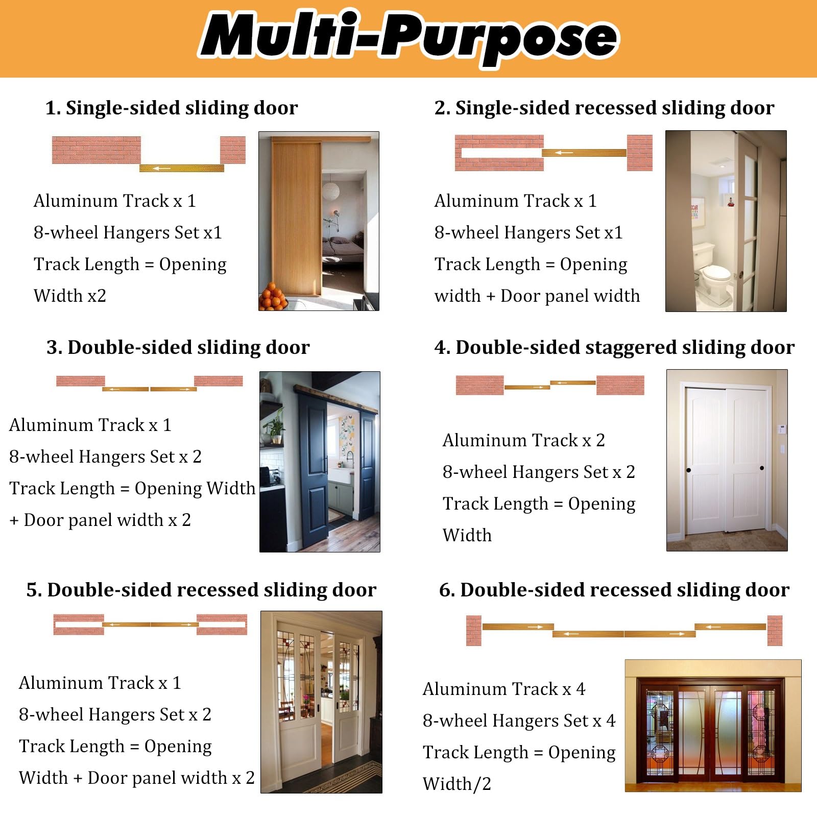 Rail porte coulissante Kit Rail Quincaillerie Porte Grange Double Coulissante Robuste Extérieur, Ensemble Quincaillerie Rail Portes Poche Flexible Caché Avec Cintres À 8 Roues,(Champagne,72in/182.9cm)
