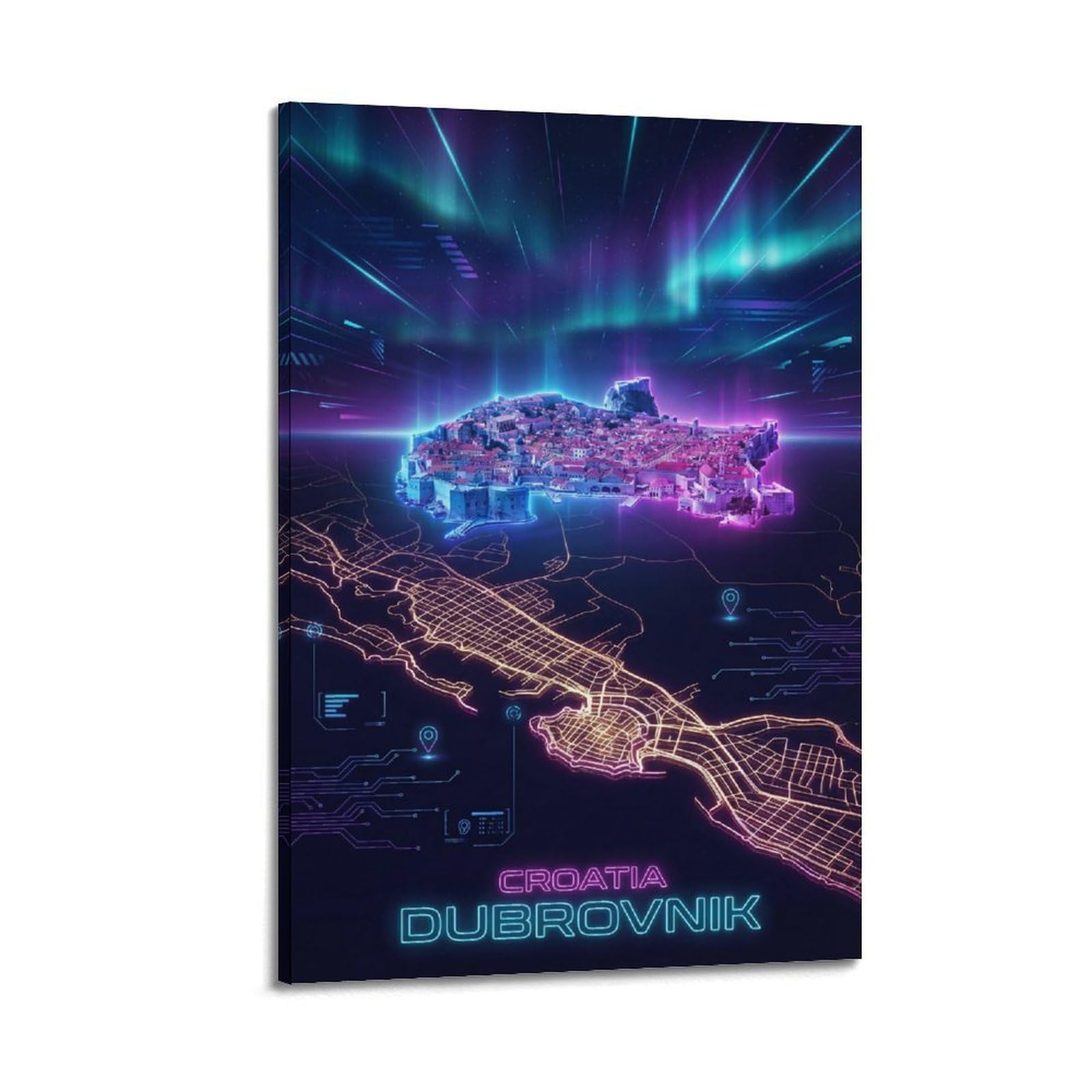 XKUGA Retro Neon Map Gamer Room Poster Croatia Dubrovnik Modern Decorative Canvas Prints - Ideal Wall Art for Family, Man Cave, Game Room, Boys & Girls Bedroom 12x18inch(30x45cm)