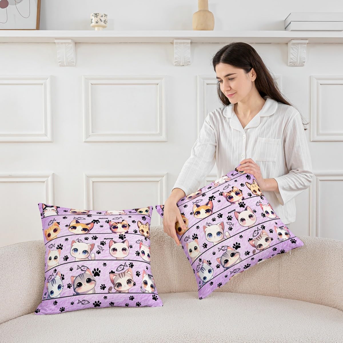 Cute Cat Pillow Cover,Cat Kitten Kitty Pet Lover Pillowcase Soft Square 18"x18" Cushion Case,Cartoon Animas Light Purple Throw Pillow Cover Single Pack for Room Decor Double Sides Print image 2
