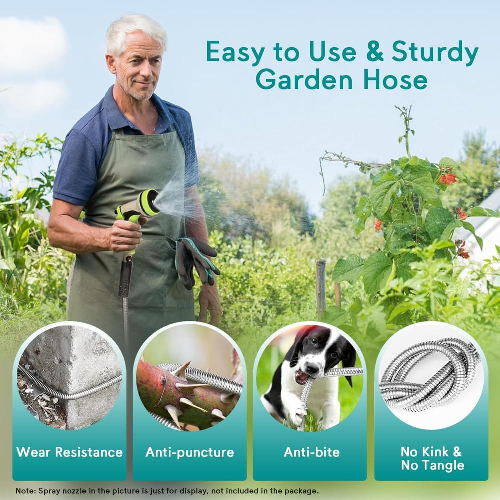 Tubo da giardino in acciaio inossidabile opzionale da 100 piedi, tubo da giardino in metallo, tubo da lavaggio auto per esterni, pistola per irrigazione, accessori per giardinaggio, 75 piedi, 1 pezzo