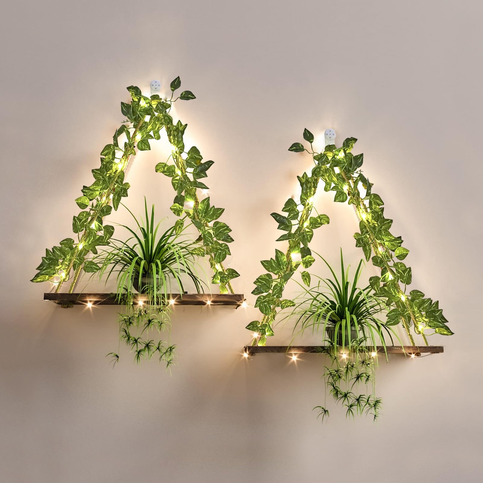 FEMNIOE Artificial Ivy LED-Strip Wall Hanging Shelves Set of 2 - Macrame Floating Shelves with Vine Lights - Boho Aesthetic Plant Shelf Wall Decor - Cute Wood Shelves for Bedroom Living Room Bathroom
