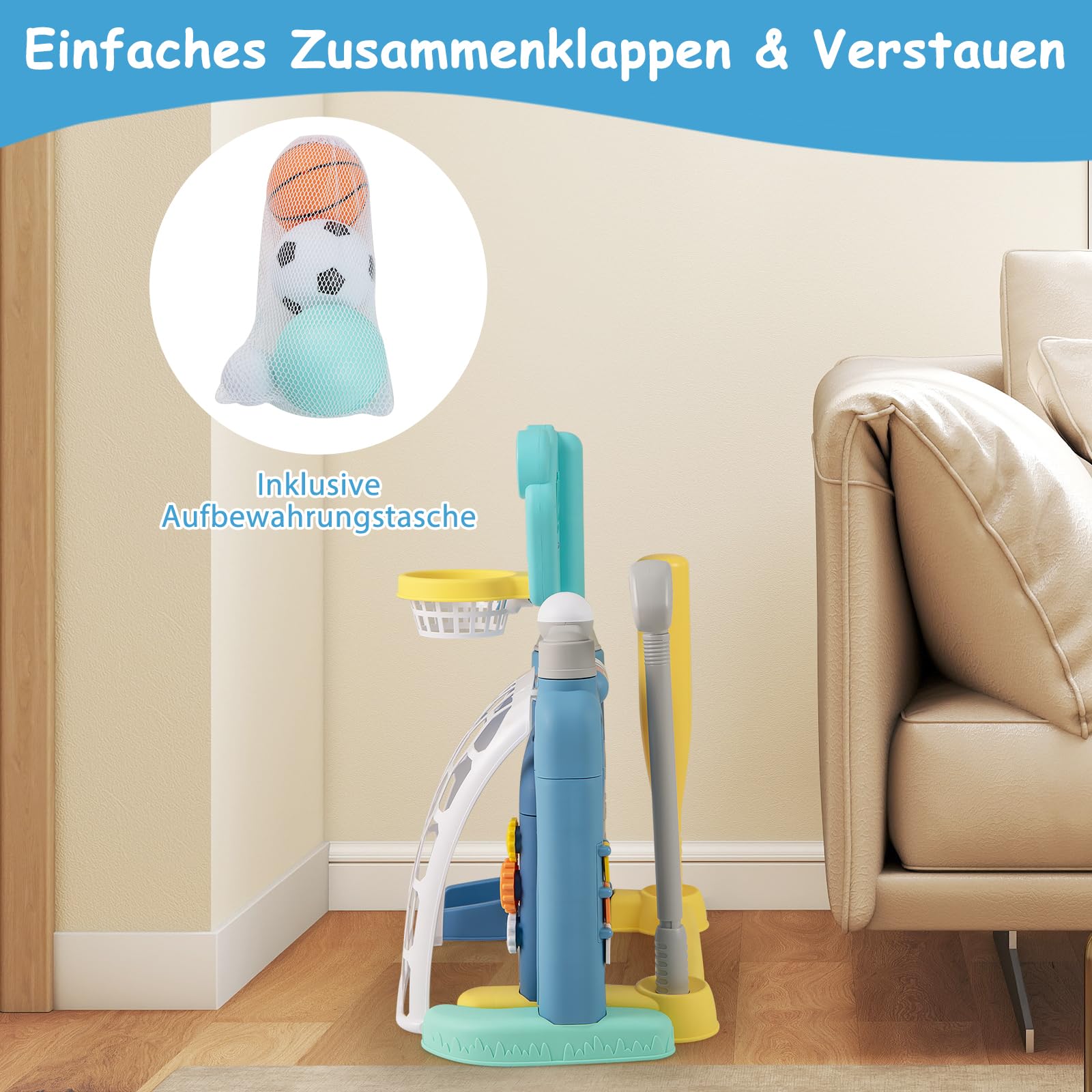 DREAMADE 5-in-1 Multiaktivitätszentrum mit Basketball, Fußball, Bowling, Baseball & Golf, höhenverstellbarer Basketballkorb mit Lichter & Geräusche, Spielgeräte für Kinder ab 18 Monaten