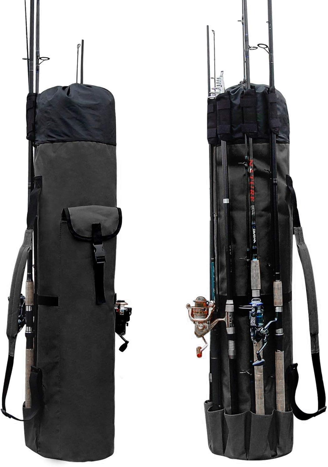 Durable Canvas Fishing Rod & Reel Organizer Bag Travel Carry Case Bag- Holds 5 Poles & Tackle
