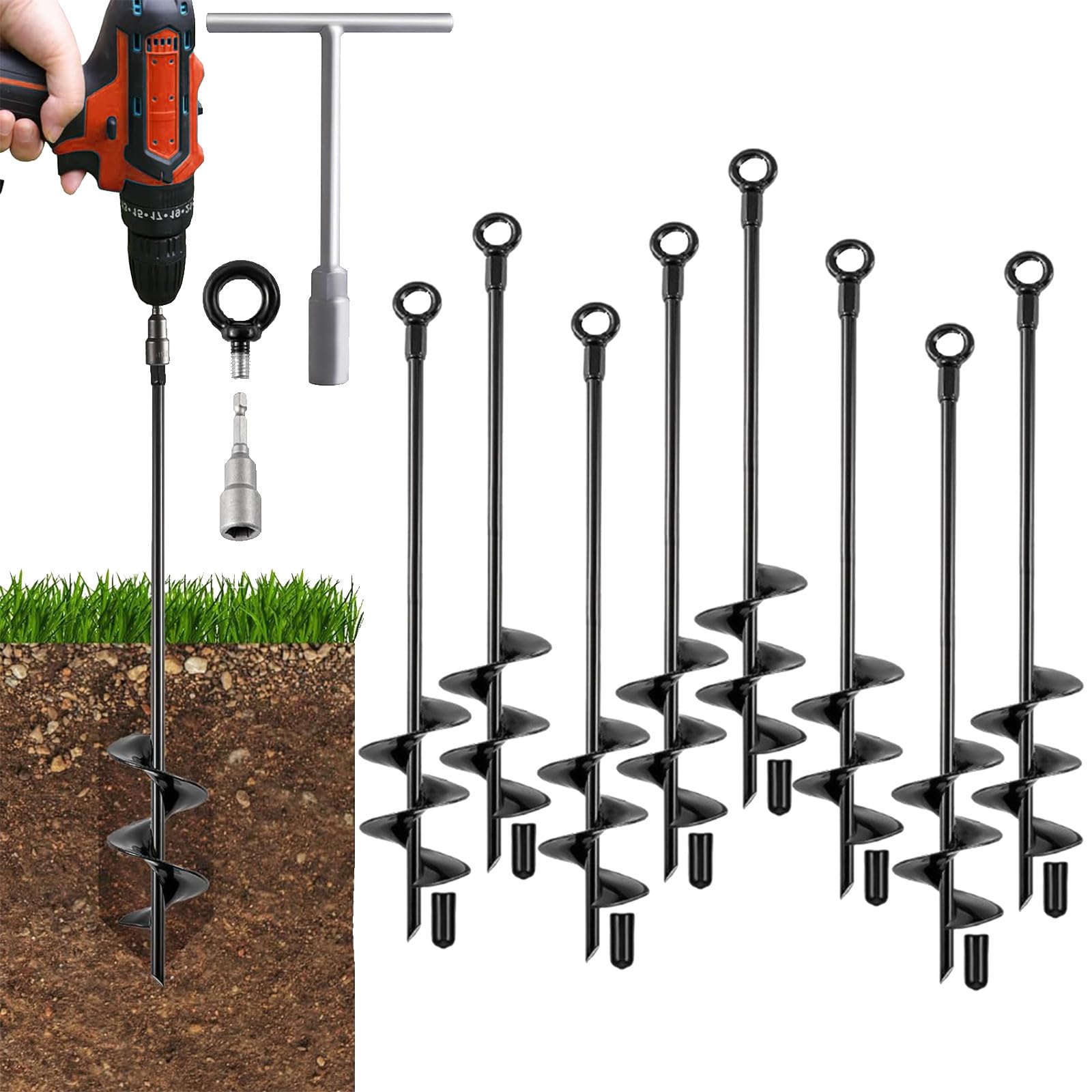 18Inch Ground Anchor, 8Pcs Heavy Duty Earth Anchors Swing Sets Anchor Kit with T-Handle Hex Wrench for Gazebo,Mobile Home,Camping Tent, Inflatable Castles, Sheds, Trampoline,Carports (8)