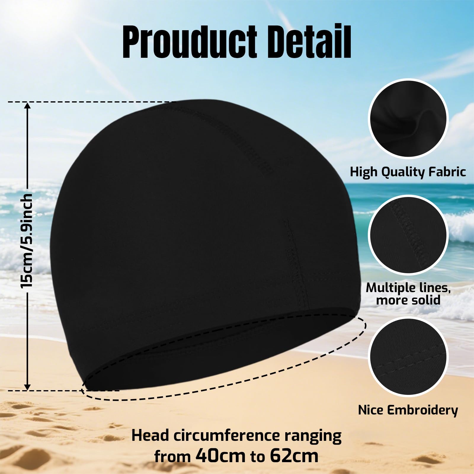 Bonnet de Bain Noir Homme & Femme – Bonnet Piscine en Tissu Souple | Bonnet de Bain Élastique | Swimming Cap pour Piscine & Eau Libre