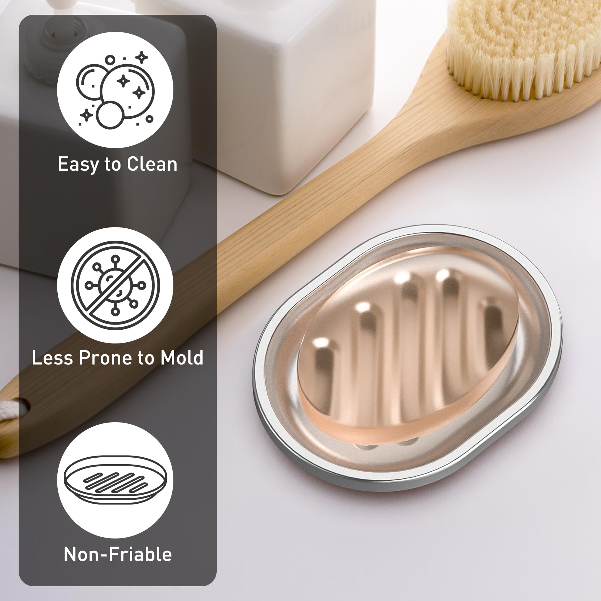 Jabonera de acero inoxidable con boquilla de drenaje, protector de jabón de metal cepillado para baño, ducha, bañera, fregadero de cocina, duradero y elegante 5