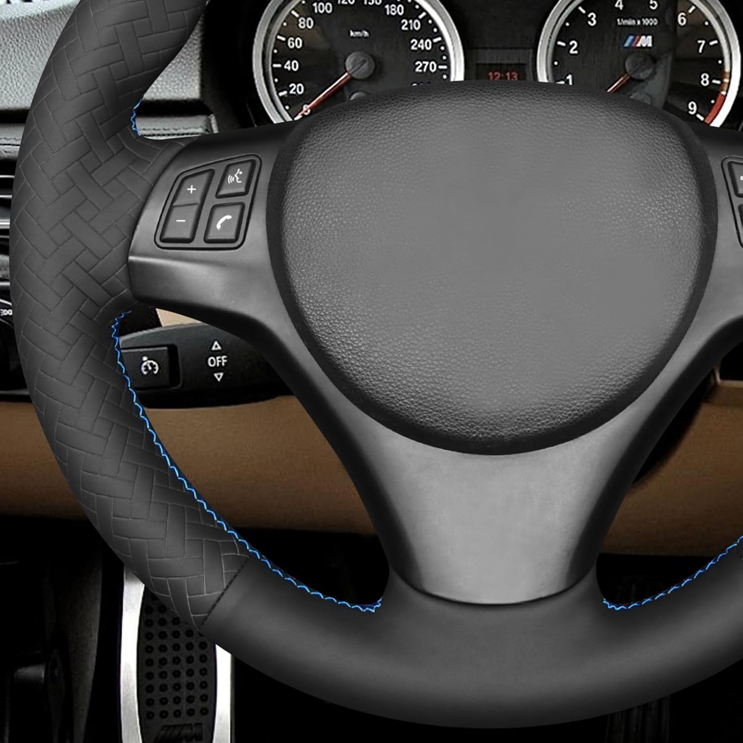MEWANT DIY Black Smooth Woven Embossed Faux Leather Steering Wheel Cover for BMW M Sport E81 E82 E87 E88 E90 E91 E90