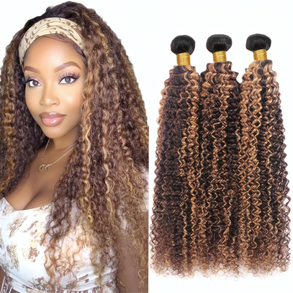 Honey Blonde Mixed With Dark Brown Blend Bundles T1BP4/27 Ombre Highlight Kinky Curly Human Hair 24 26 28 Inch Black Roots with Blonde Mixed Brown Kinky Curly Bundles Hair Extensions