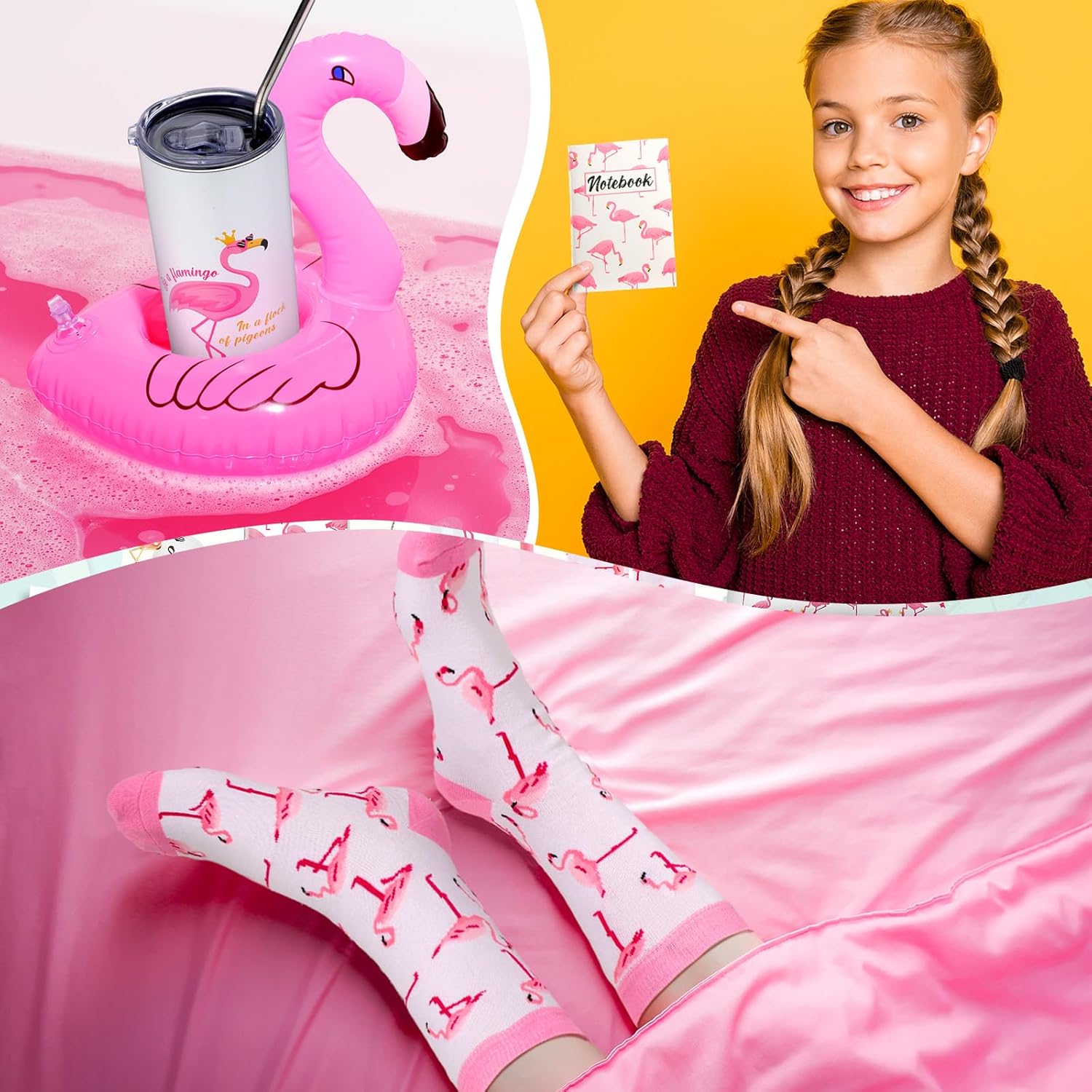 Panitay 6 Pcs Flamingo Gifts Set for Women Flamingo Stainless Steel Tumbler 20 Ounce with Straw and Brush Socks Notebook Pen Cosmetic Bag Keychain for Women Birthday Christmas Party Gift - Image 5