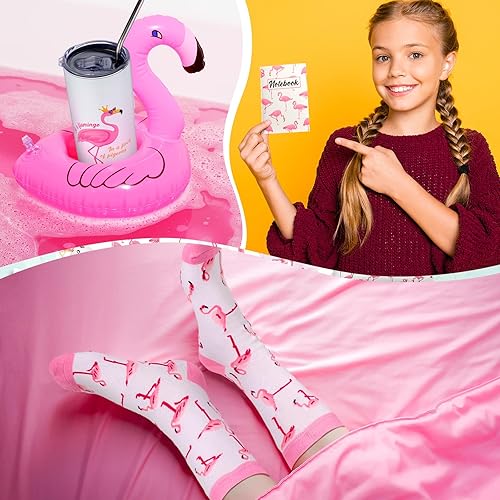 Miniatura 5 de Panitay Juego de 6 Regalos de Flamenco para Mujeres, Vaso de Acero Inoxidable de Flamenco de 20 Onzas con Pajita y Cepillo, Calcetines, Cuaderno,