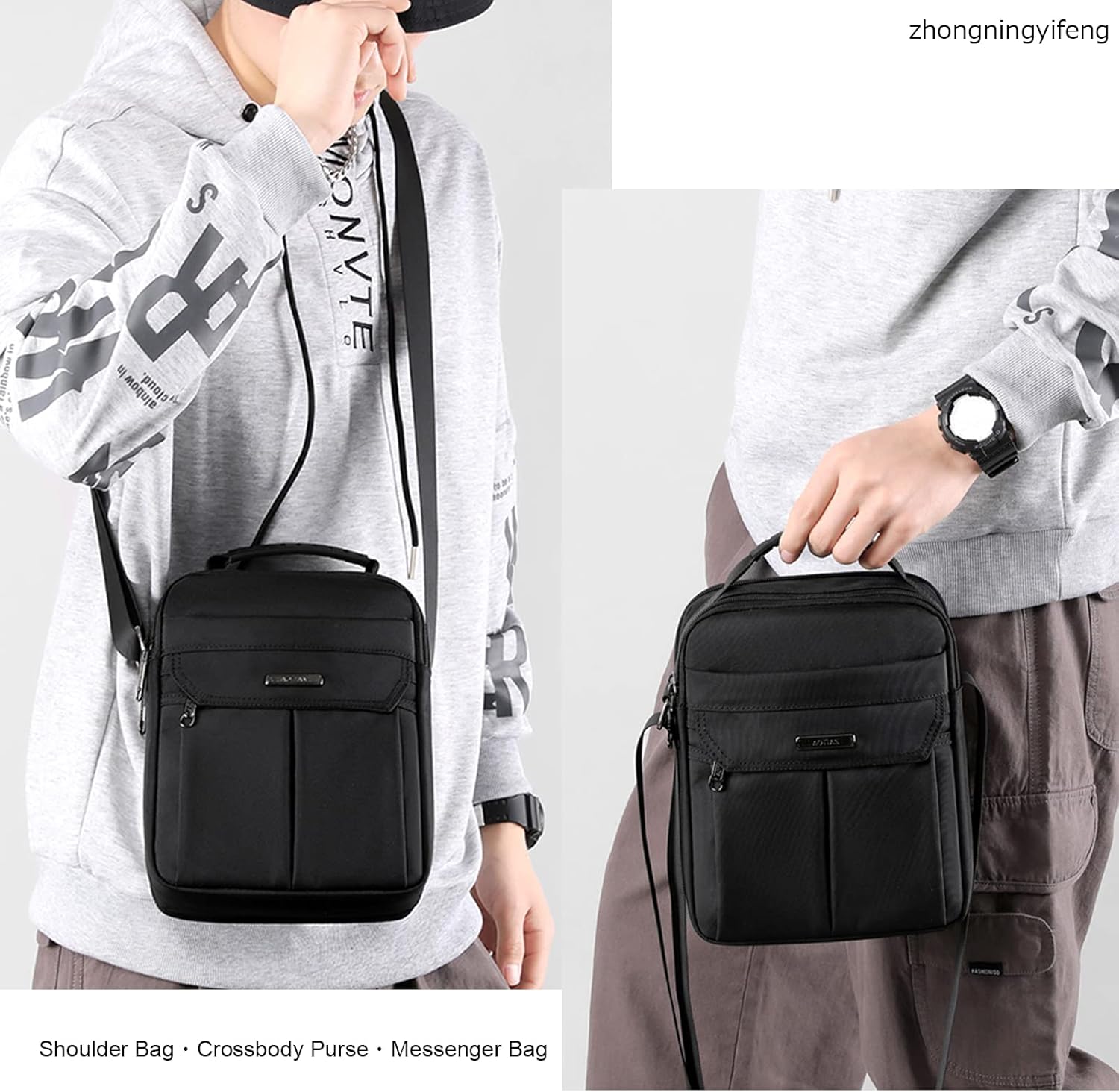 zhongningyifeng Men's Messenger Bag Small Nylon Crossbody Shoulder Bag Waterproof Casual Black Purse for Work Travel - Image 2