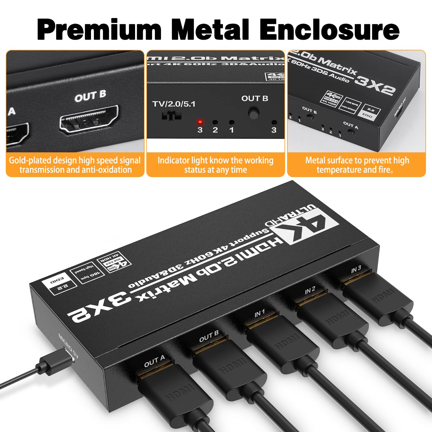 Tendak HDMI Matrix 3x2, 4K@60Hz HDMI Switch Matrix 3 In 2 Out Umschalter + Optisch Spdif & 3,5mm Stereo Audio Extractor Splitter Unterstützt HDCP 2.2 HDR 3D mit IR-Fernbedienung