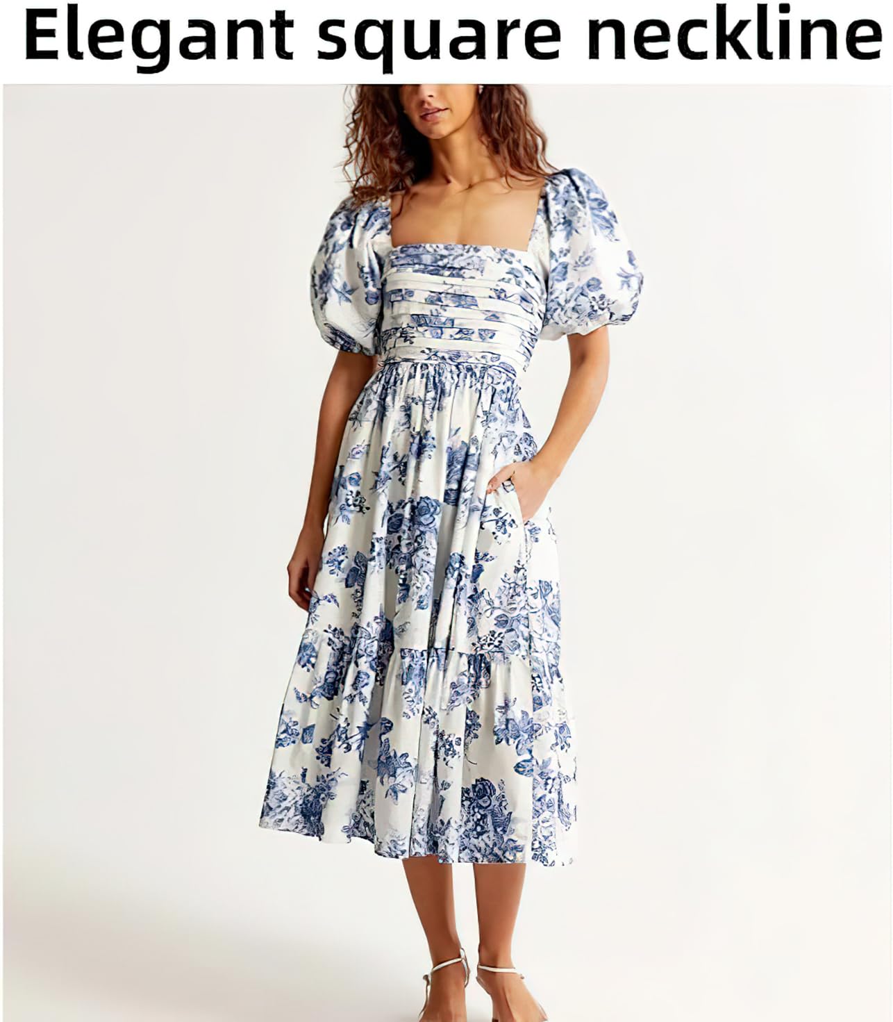 Hivebabe Vestito, Manica Puff Midi Vestito,Flowy Beach Floral Ruffle Midi Abiti con Tasche Vestito, WFFUO, Verde chiaro, 3XL