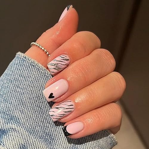 24 uñas postizas cuadradas cortas a presión con punta francesa uñas postizas brillantes de cobertura completa con corazón negro y diseño de espejo