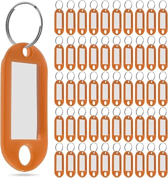 100 Pack Key Tags with Label Window,Orange Plastic with Split Ring,ID Labels for Luggage and Organization Orange