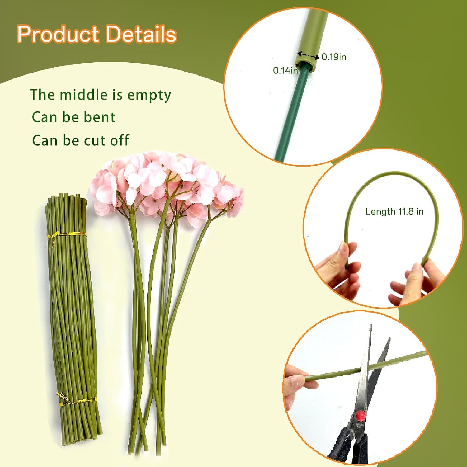Green tubular flower stems wrap, used to thicken artificial flower stems