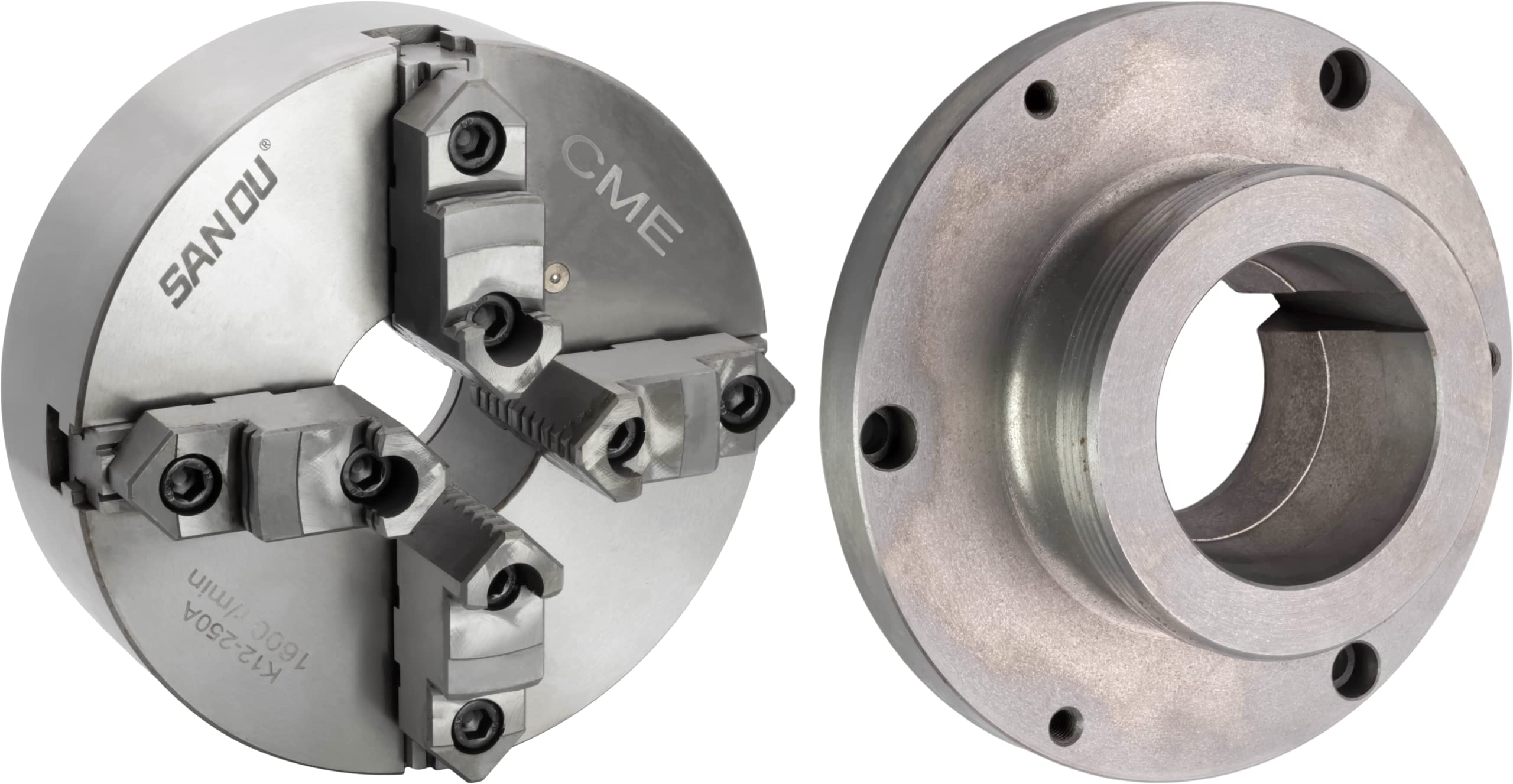 CME 10" 4-Jaw Self-Centering (Scroll) Lathe Chuck with L1 Long Taper Backing Plate, Two-Piece Reversible Jaws