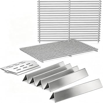 QuliMetal 304 Stainless Steel 7524 Grill Grates & 7621 Flavorizer Bars, 65505 Heat Deflectors for Weber Genesis 300 Series with Front Control Knob, Replacement for Genesis E310 S310 E/S320 E/S330