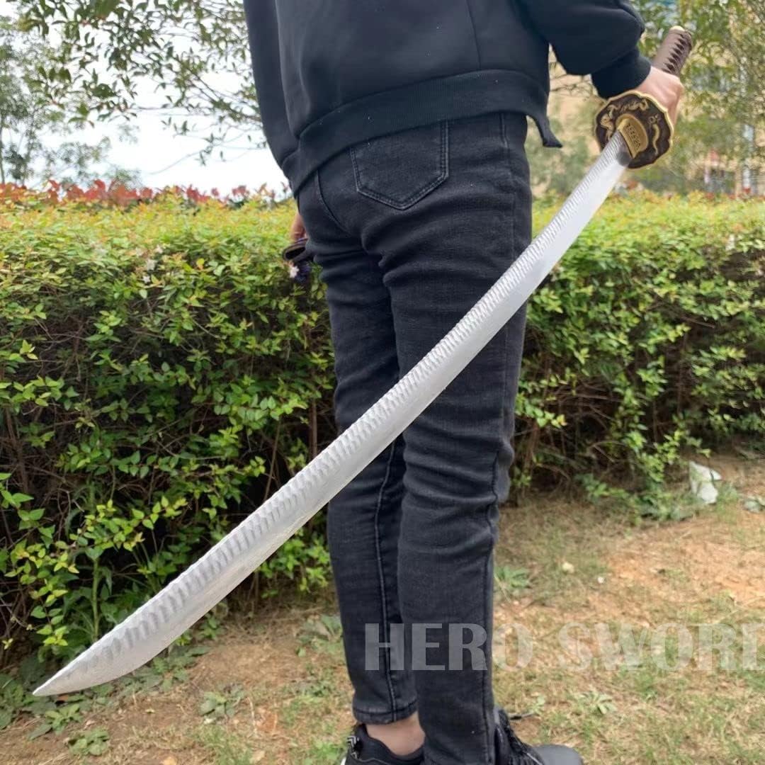 HERO SWORD-Handmade Damascus Folded Steel,Stone Pattern Samurai Sword Damascus Folded Steel God Beast Katana Real Sharp Japanese Weapon Combat Ready
