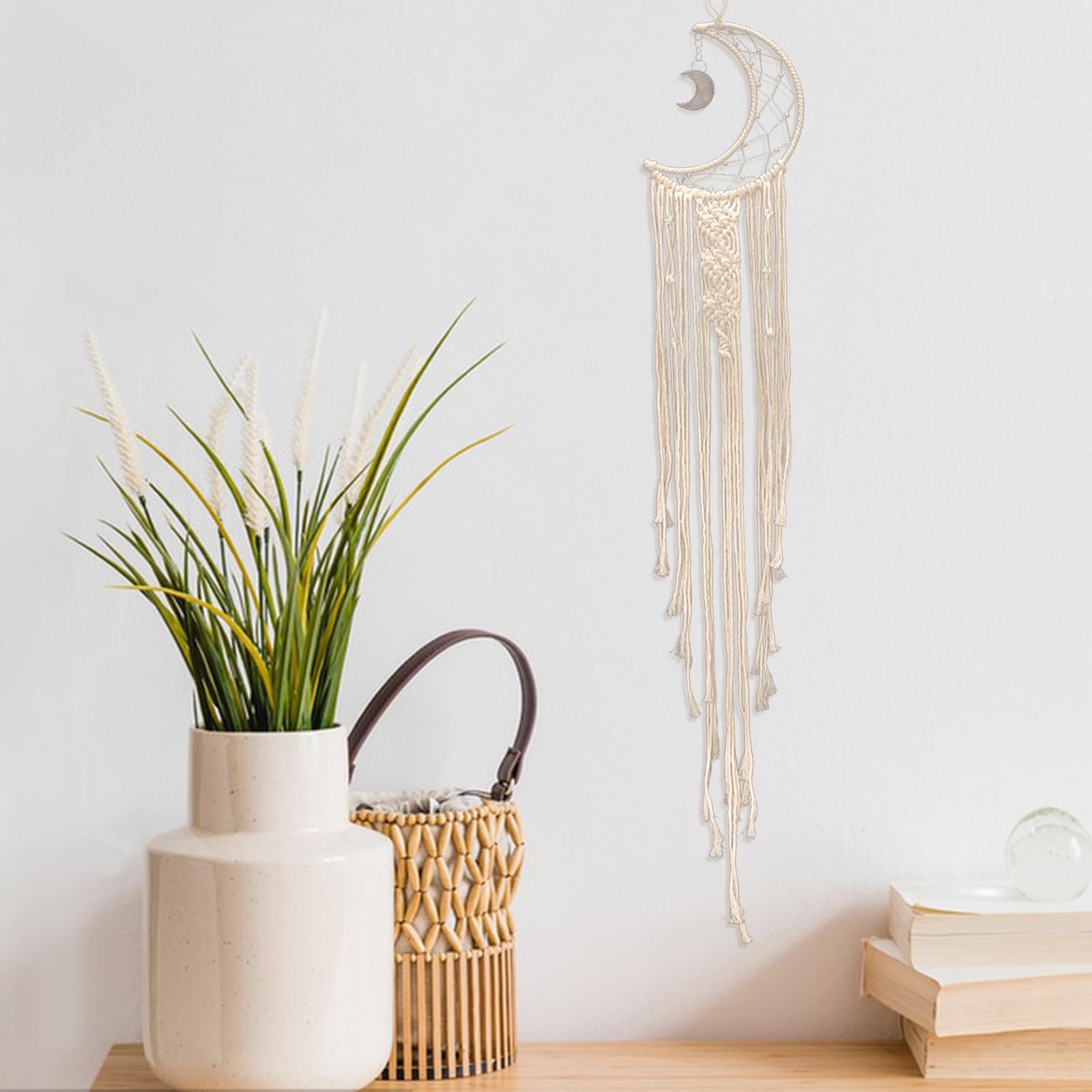 Moon Dream Catcher Boho Macrame Woven Wall Hanging Wall Art Decor Home Decoration Ornament Craft Handmade Dream Catchers for Mom Women Girls