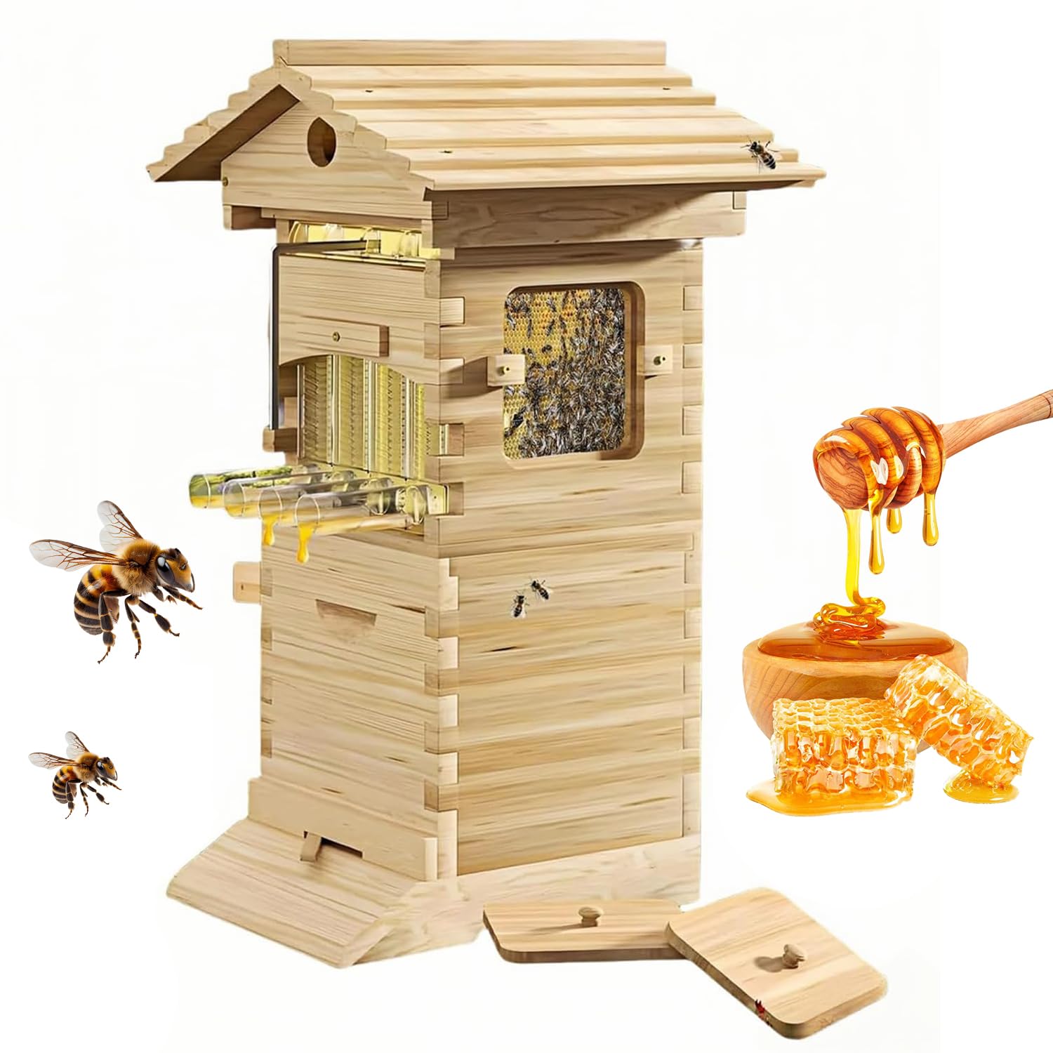 Beehive Starter Kit de démarrage avec fenêtre d'observation et bec à miel – Boîte d'apiculture complète comprenant un abri à abeilles charpentier pour pollinisateurs de jardin