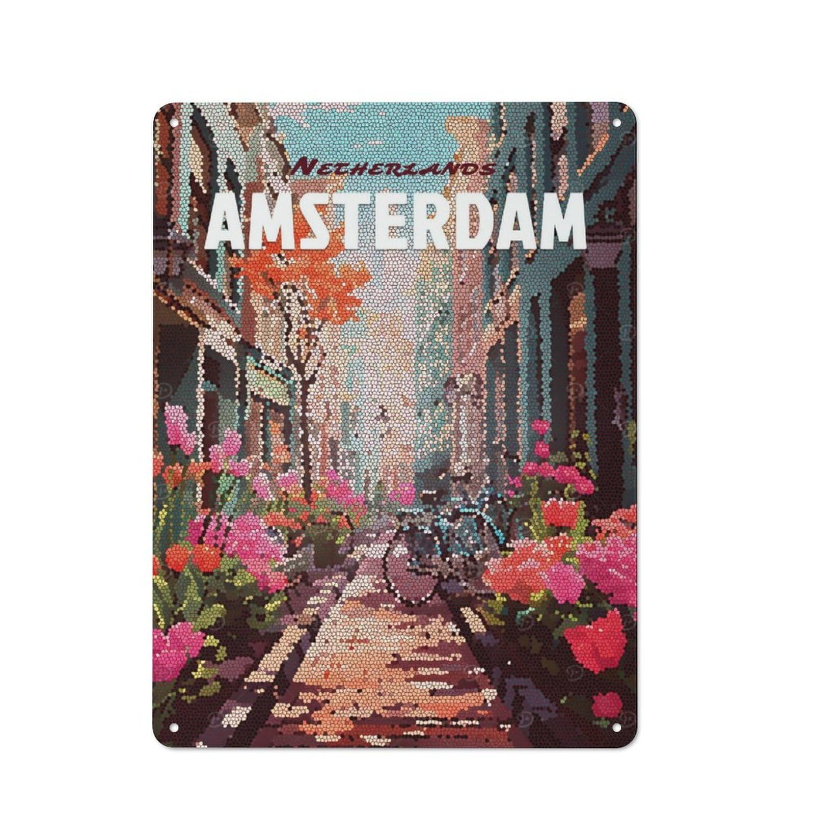 Junmoney Style-6 Modern Retro Decorative Metal Plaque 40X30cm Featuring Amsterdam Street Mosaic, Loft Wall Plaque For Flat, Bar, Studio Or Gallery Wall