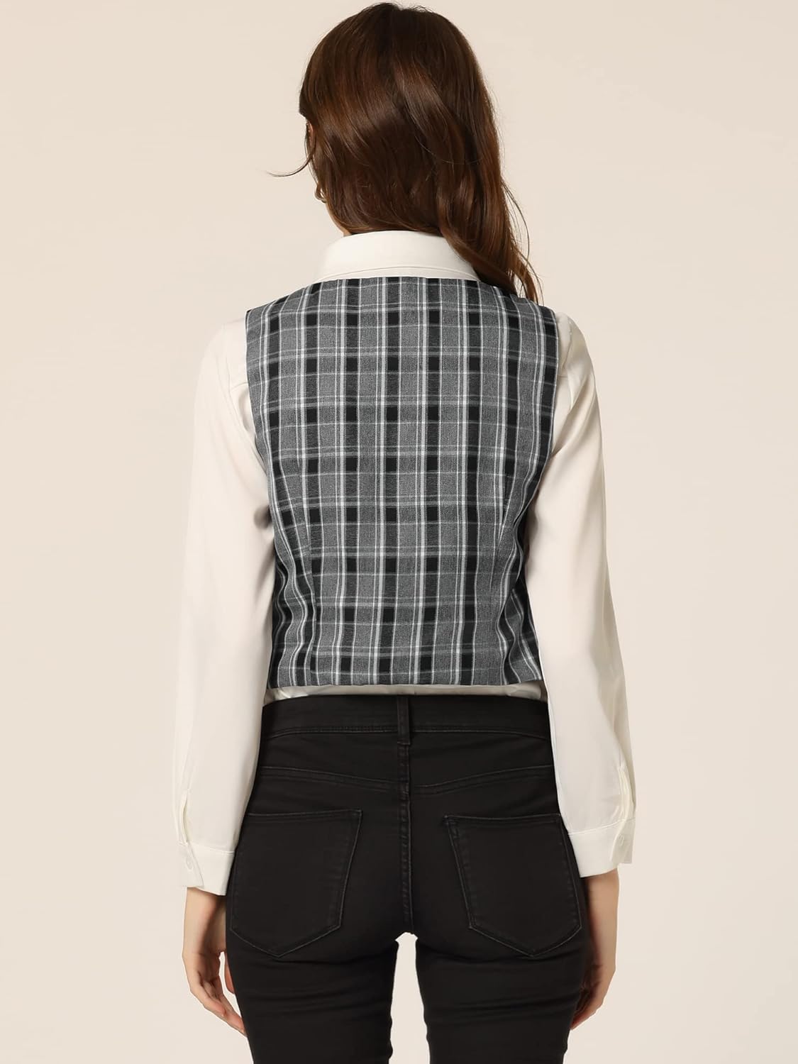 Allegra K Women's Suit Vest Plaid Steampunk Vintage 1950s Double Breasted Waistcoat - Image 4