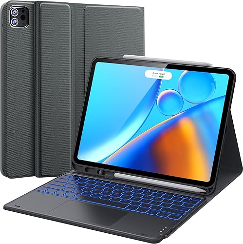 CHESONA Funda para iPad Pro de 12.9 pulgadas con teclado, teclado Bluetooth desmontable con retroiluminación de 7 colores, panel táctil y soporte