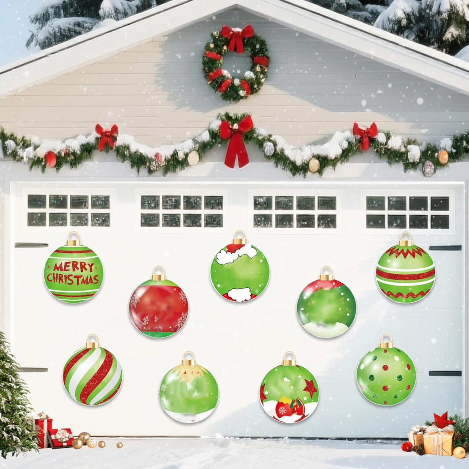 11-Inch Christmas Garage Door Decorations Magnets, 9pcs Merry Grinchmas Ball Garage Magnet Stickers, Magnetic Christmas Ornament Decals for Car Refrigerator Indoor Outdoor Holiday Decor