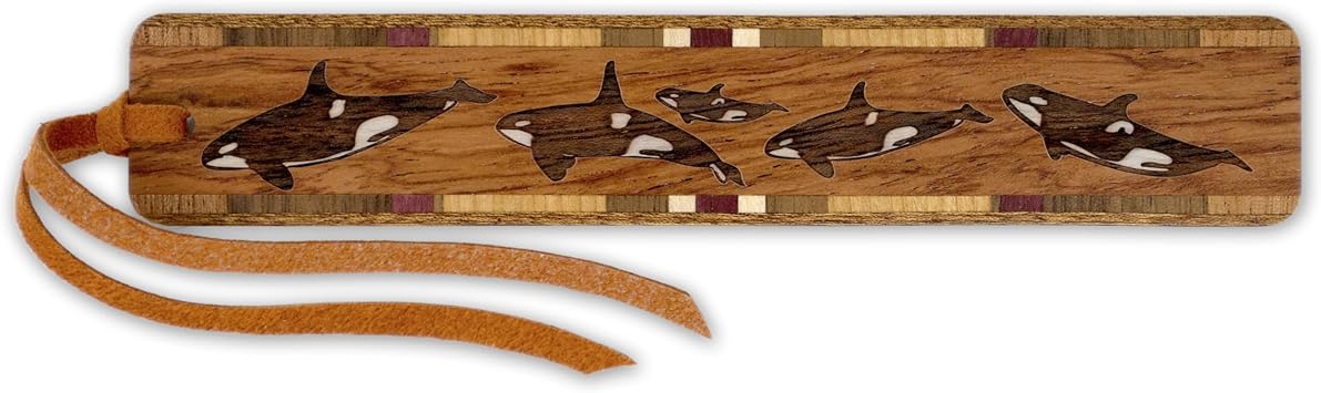Orca Killer Whale Personalized Wooden Bookmark | Engraved Marine Life Ocean Design | Handmade Wood Bookmark with Brown Ultrasuede Tassel | Made in the USA