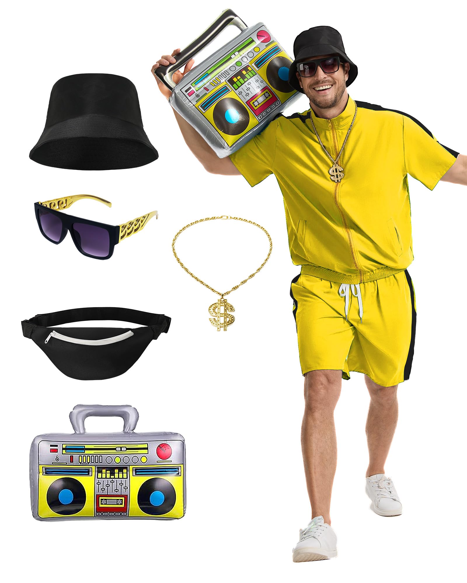 Crubelon 80s 90s Hip Hop Costume Set for Men, Rapper Tracksuit Outfit with Accessories, Retro Street Dance Party Fancy Dress, Stand Collar Jogging Suit (Gelb, XL) โ image 1