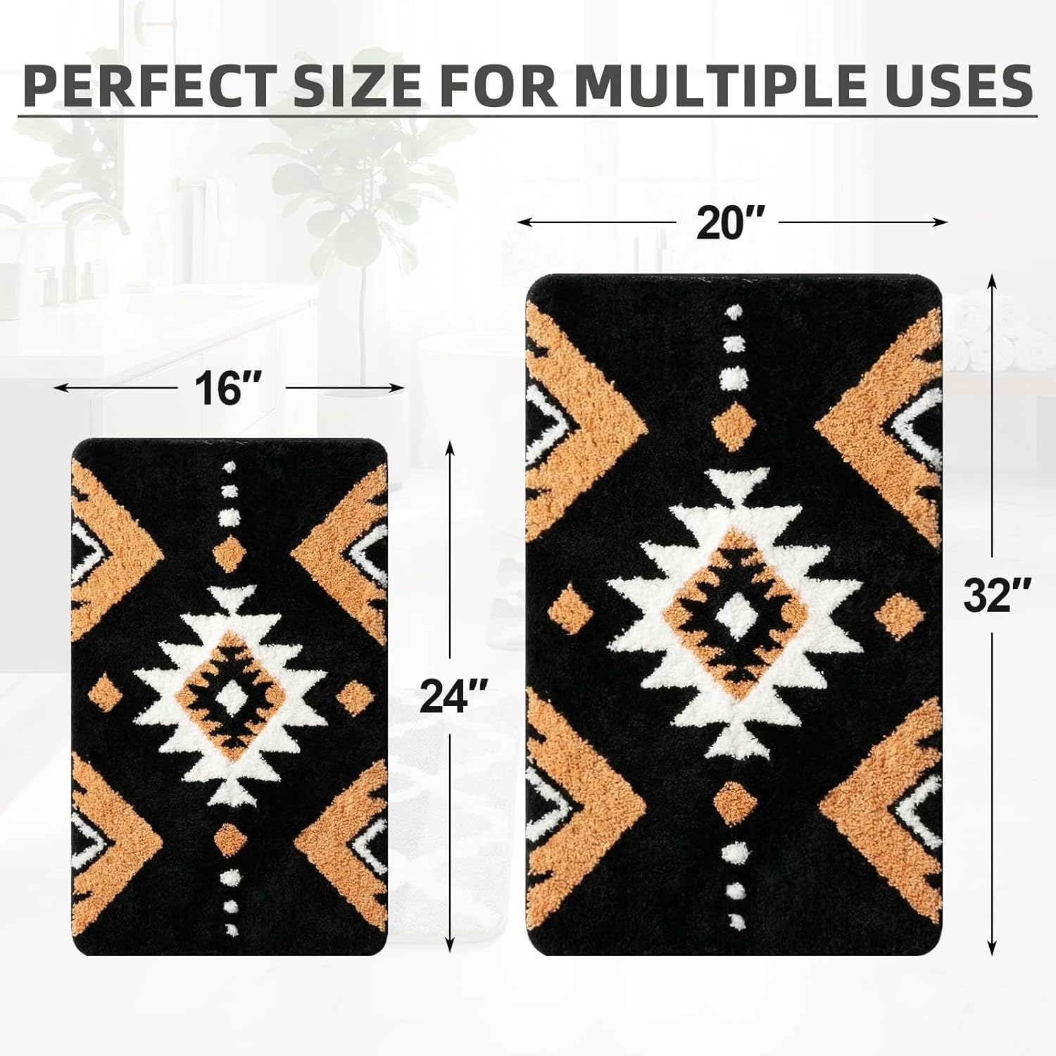 Arttown Black Boho Aztec Vintage Bathroom Rug Set 2 Piece Fluffy Microfiber Bathroom Mat Non-Slip Water Absorbent Bath Rug Soft Washable Floor Rug for Tub Showers Laundry Room Decor (16"x24"+20"x32")