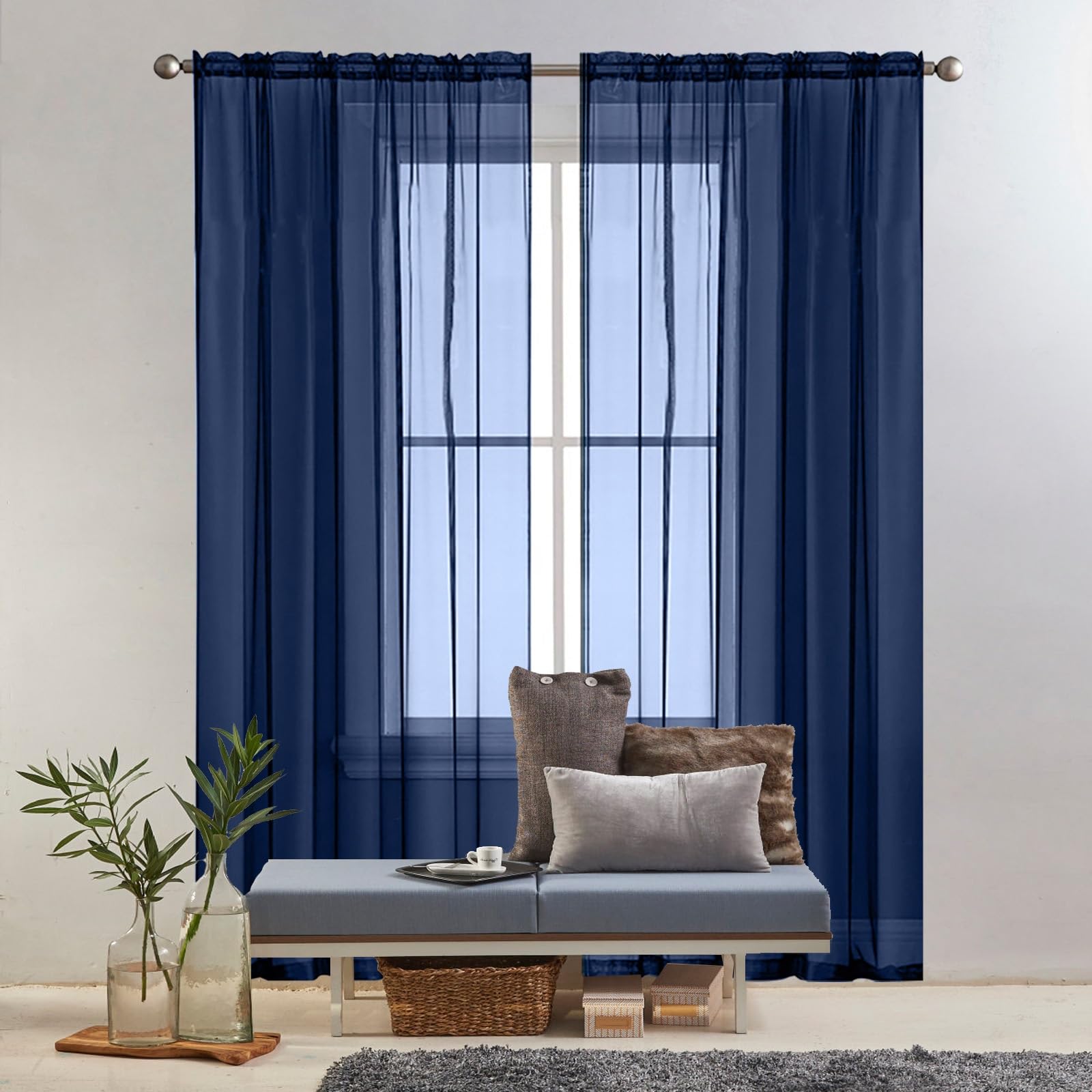 GAIFNAG Juego de Cortinas de Lino Translúcido 120 x 140 cm Aislantes Frío Calor Luz Cortinas Largas con Ojales Cortinas Ventana Cocina para Ventanas Salon/Cocina, Azul Oscuro
