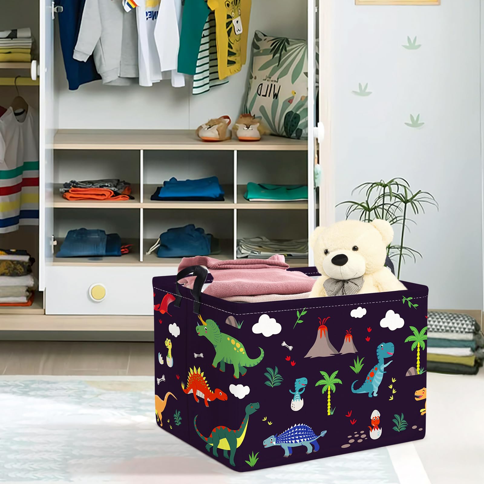 Clastyle Cestino Portaoggetti Dinosauro Triceratopo Albero Vulcano Ceste per la Biancheria Nero Giocattoli Rettangolare per Camera dei Bambini, 40x30x30 cm