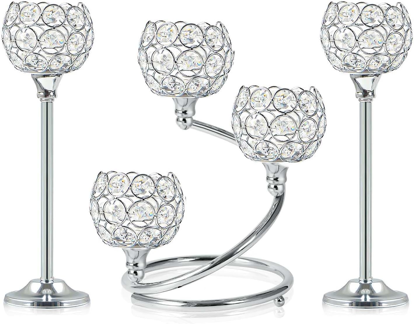Silver Metal Crystal Candle Holder Set of 3 - Elegant 5-Arm Metal Tea Light Centerpiece with Shining Crystal Bowl, Wedding Anniversary Table Decor for Dining, Party