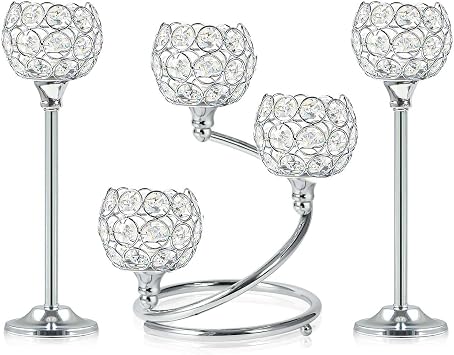 Silver Metal Crystal Candle Holder Set of 3 - Elegant 5-Arm Metal Tea Light Centerpiece with Shining Crystal Bowl, Wedding Anniversary Table Decor for Dining, Party