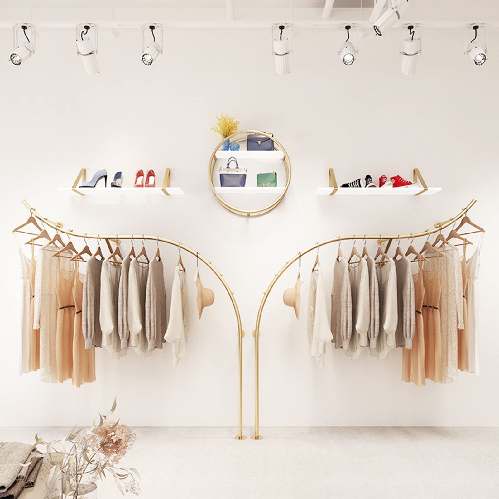 Estantes de exhibición montados en la Pared para Tiendas de Ropa, Perchas Modernas de Metal Dorado para Tiendas minoristas, Varillas Colgantes para armarios, lavadero