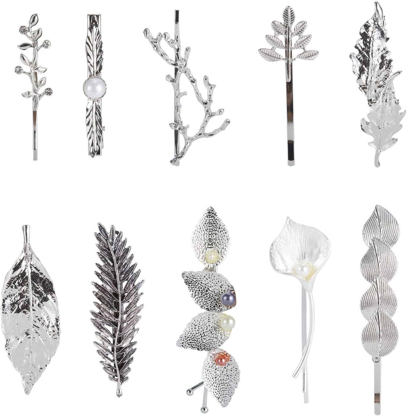 Lawie 10 Pack Silver Vintage Retro Geometric Minimalist Branch Leaf Flower Metal Hair Clip Hairpin Snap Barrette Stick Claw Grip Clamp Bobby Pins Alligator Hairclips Party Hair Accessories for Women